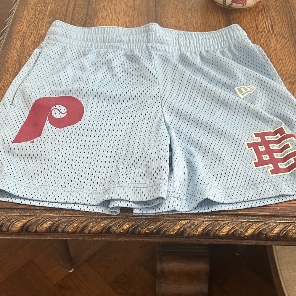 Eric Emanuel Sky Blue Athletic Shorts with Maroon Details
